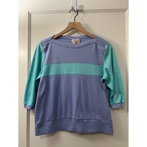 Vintage Active Wear 80s Blue Purple Blue Stripe 3/4 Sleeve Top - Women's M